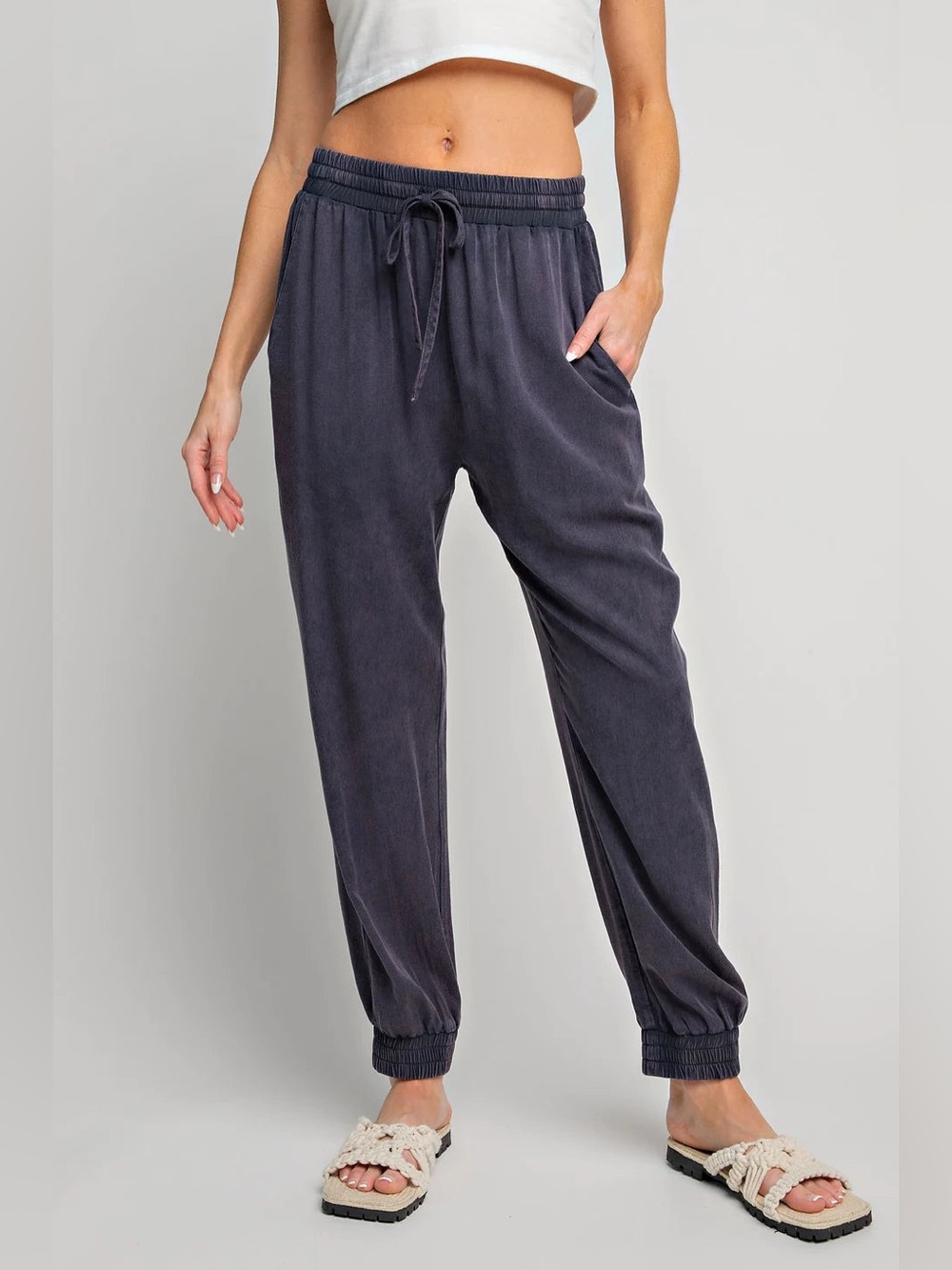 Easel Washed Navy Mineral Wash Tencel Jogger Pants Drawstring Washed Navy Small